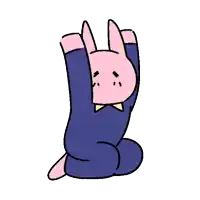 a cartoon of a pink bunny in a bow tie stretching his arms