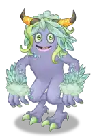 a purple monster with horns and green hair is smiling