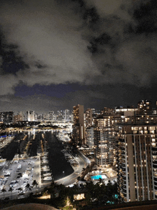 an aerial view of a city at night with a lot of buildings