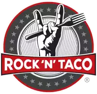 a logo for rock 'n ' taco has a hand holding a fork