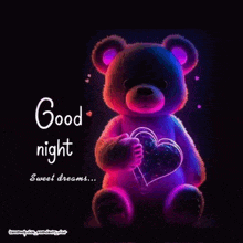 a teddy bear is holding a heart and says good night .