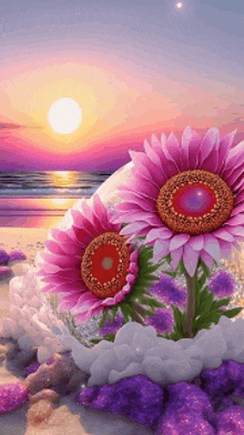 a painting of two pink flowers on a beach with the sun setting behind them