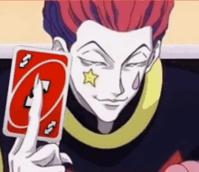 a cartoon character is holding a red uno card with his finger .