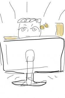 a drawing of a person sitting in front of a computer screen