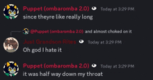 a screenshot of a discord conversation between puppet and ombraroba 2.0