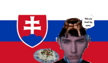 a man in front of a slovakian flag with a plate of food