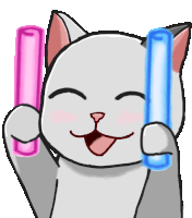 a cartoon of a cat holding two pink and blue sticks