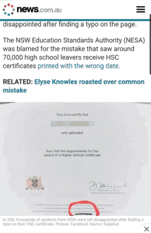 a screenshot of a news.com.au article about a typo on a page