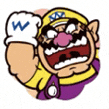 a cartoon of wario wearing a yellow hat and a purple shirt is giving a thumbs up .