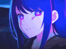 a close up of a anime girl with blue hair and red stars in her eyes