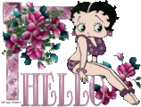 betty boop is sitting in front of a bouquet of pink flowers and says hello