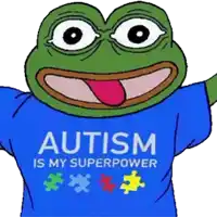 a green frog wearing a blue shirt that says autism is my superpower