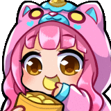 a cartoon girl wearing a pink cat costume is eating a bag of potato chips .