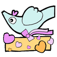 a blue bird with a pink scarf around its neck is sitting on a sign with hearts around it