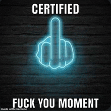 a neon sign that says certified fuck you moment with a middle finger