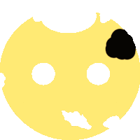 a yellow circle with two white circles and a black cloud on top