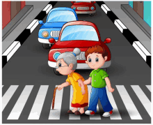 a boy helps an elderly woman cross a street