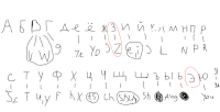 a black and white drawing of the alphabet with a red circle around the letters