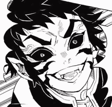 a black and white drawing of a demon slayer smiling with a hat on .