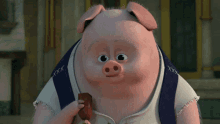 a cartoon pig is holding a piece of meat with stitching on it