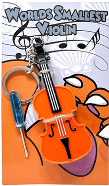 a world 's smallest violin keychain with a screwdriver on it