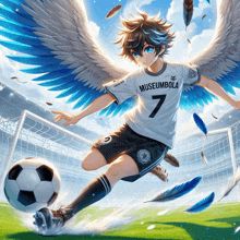 a boy with wings is kicking a soccer ball in a museumbola jersey