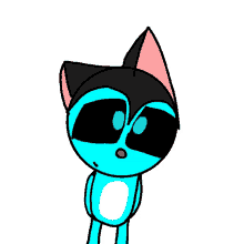 a drawing of a blue cat with black eyes and a pink ear