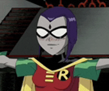 raven from teen titans go is wearing a red and yellow robin costume