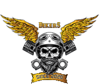 a skull with a beard wearing a helmet and goggles with wings and the words bikers since 2020