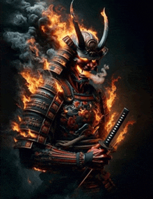 a samurai with horns is holding a sword in his hands