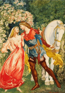 a painting of a man and a woman with a horse