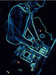 a neon drawing of a dj playing music on a turntable in a dark room .