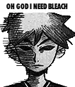 a black and white drawing of a boy with the words `` oh god i need bleach '' written on it .