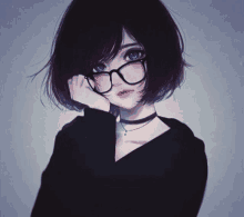 a girl with short black hair and glasses is wearing a choker .