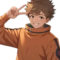 a young boy giving a peace sign with his fingers