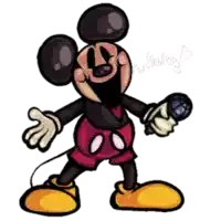 a cartoon of mickey mouse holding a microphone and smiling .