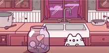 a cartoon illustration of a kitchen with a jar of candy on the counter .