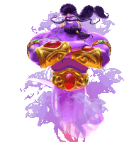 a purple genie with a beard and mustache is standing with his arms crossed .