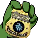 a green cartoon hand is holding a gold badge that says discord moderator .