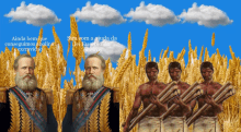 a man with a beard stands in front of a field of wheat with a blue sky in the background