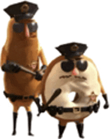 two donuts dressed as police officers are standing next to each other holding batons .