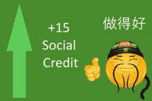 a smiley face giving a thumbs up next to an arrow that says 15 social credit