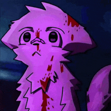 a cartoon drawing of a purple cat with blood on its face