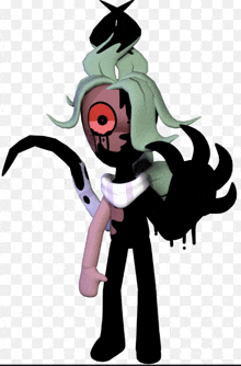 a cartoon character with green hair and black arms is holding a knife