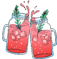 a drawing of two mason jars filled with a pink drink and ice cubes