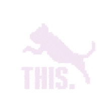 a pixel art of a cat jumping with the words `` this '' below it .