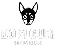 a black and white logo for dom guru brewhouse with a dog 's head