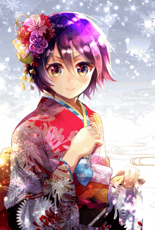 a girl with purple hair is wearing a kimono with flowers in her hair