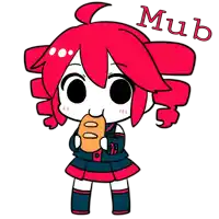 a cartoon girl with red hair is holding a loaf of bread and the word muk is above her head