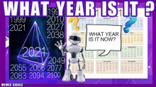 a robot is standing next to a calendar that says what year is it